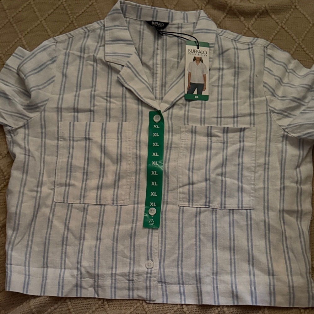 Buffalo David Bitton Men's White and Blue Striped Shirt